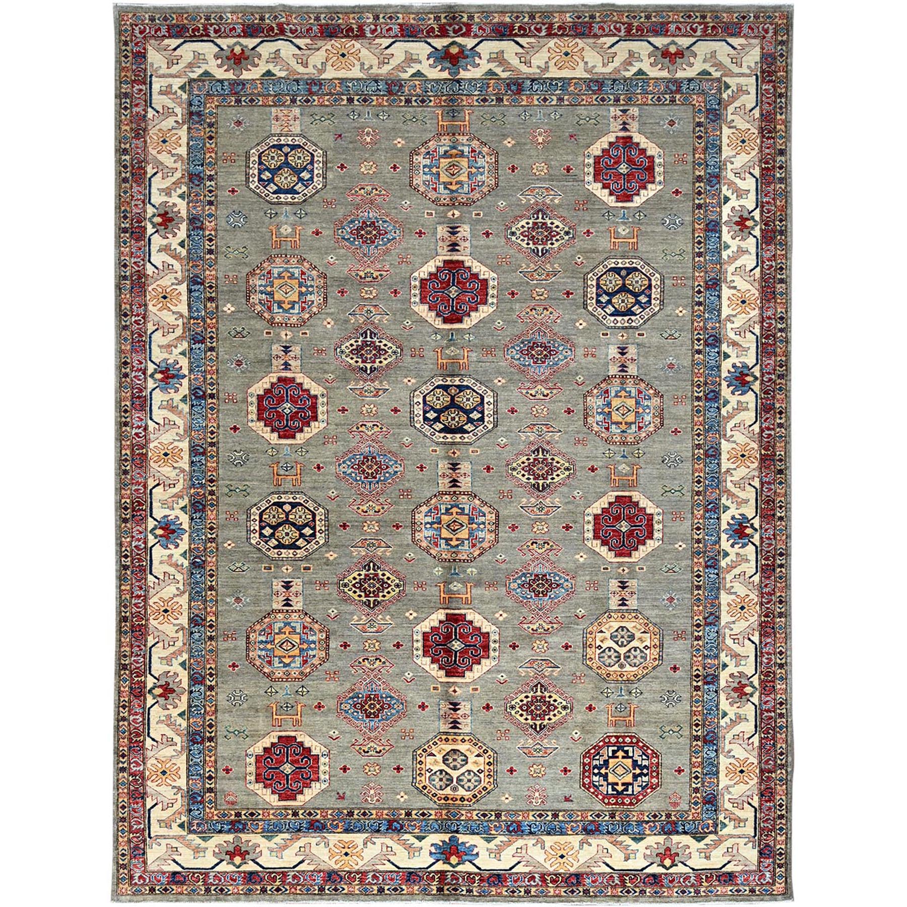 Wrought Iron Gray and Shoji White, Soft Pure Wool, Vegetable Dyes, Afghan Super Kazak with All Over Medallions, Hand Knotted, Oriental Rug